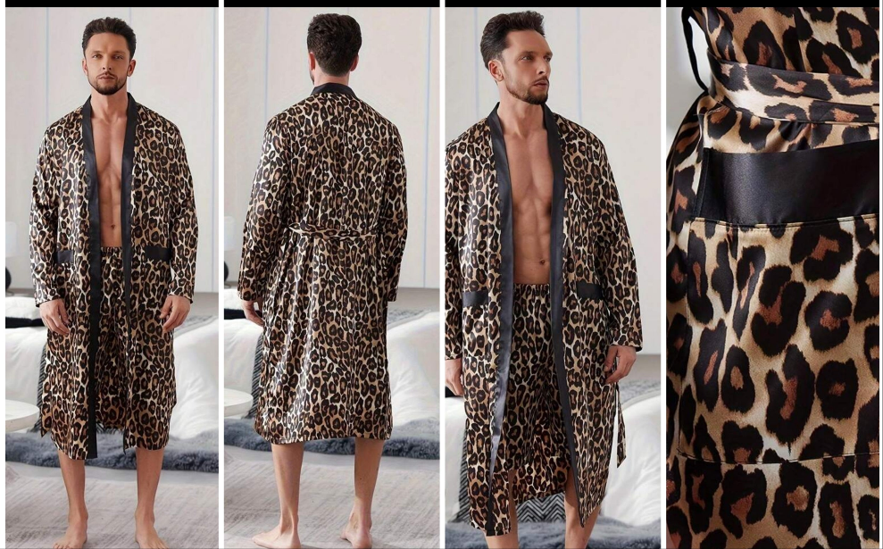 Leopard Print Bathrobe Set With Belt COCOMONEY