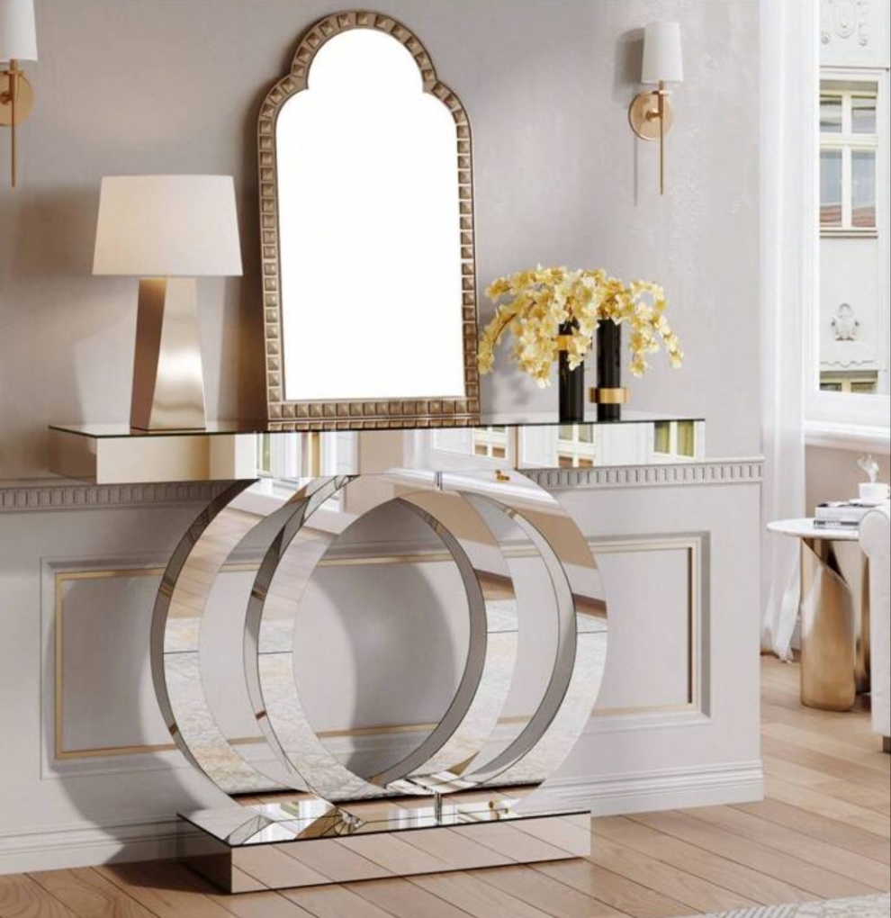 Mirrored Console Table, 43.3-Inch Modern Entryway Table Glass Sofa Table With Mirror Finish For Living Room, Entrance, Hallway, Foyer. Material mdf