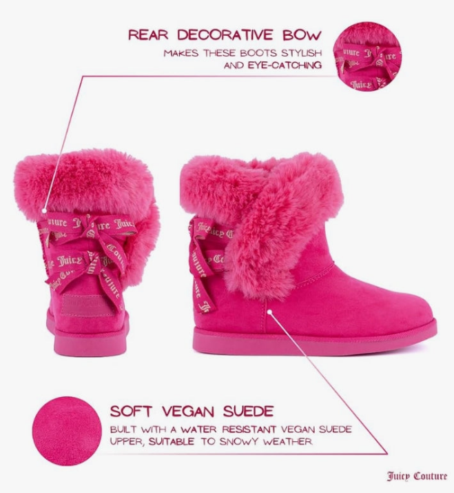 Juicy Couture Women's Slip On Winter Snow Boots Warm & Insulated Fur Lining Comfortable Fashion Booties