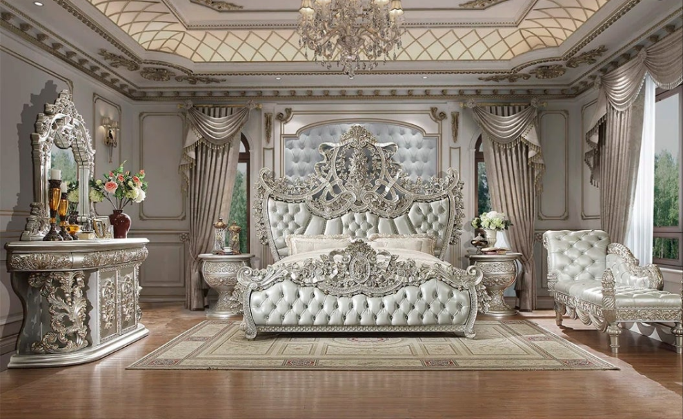 LEATHER 5PC BEDROOM | SILVER W/GOLD HIGHLIGHT