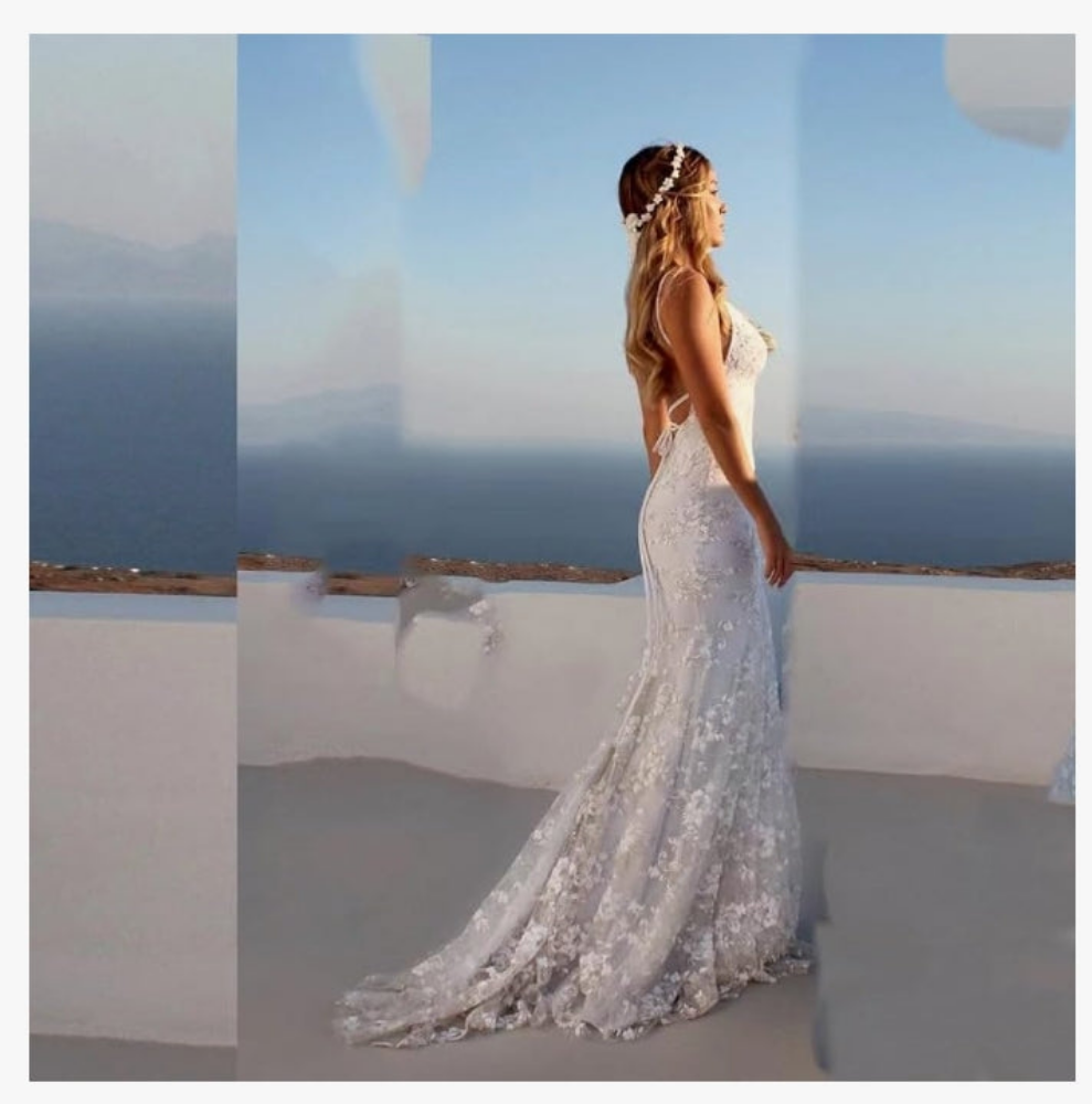 Applique Wedding Dresses for Bride Spaghetti Straps Mermaid V Neck Open Back Bodycon Long Bridal Gown