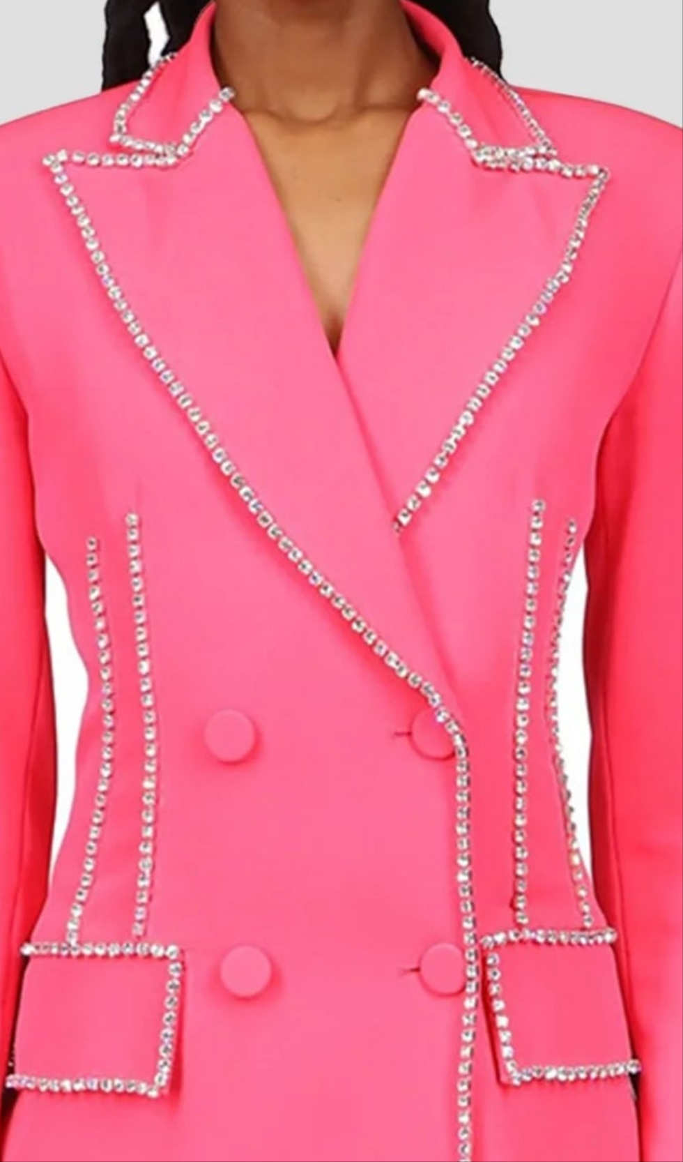 COCOMONEY Lapel Double-breasted Rhinestone Decor Blazer Dress-Hot Pink