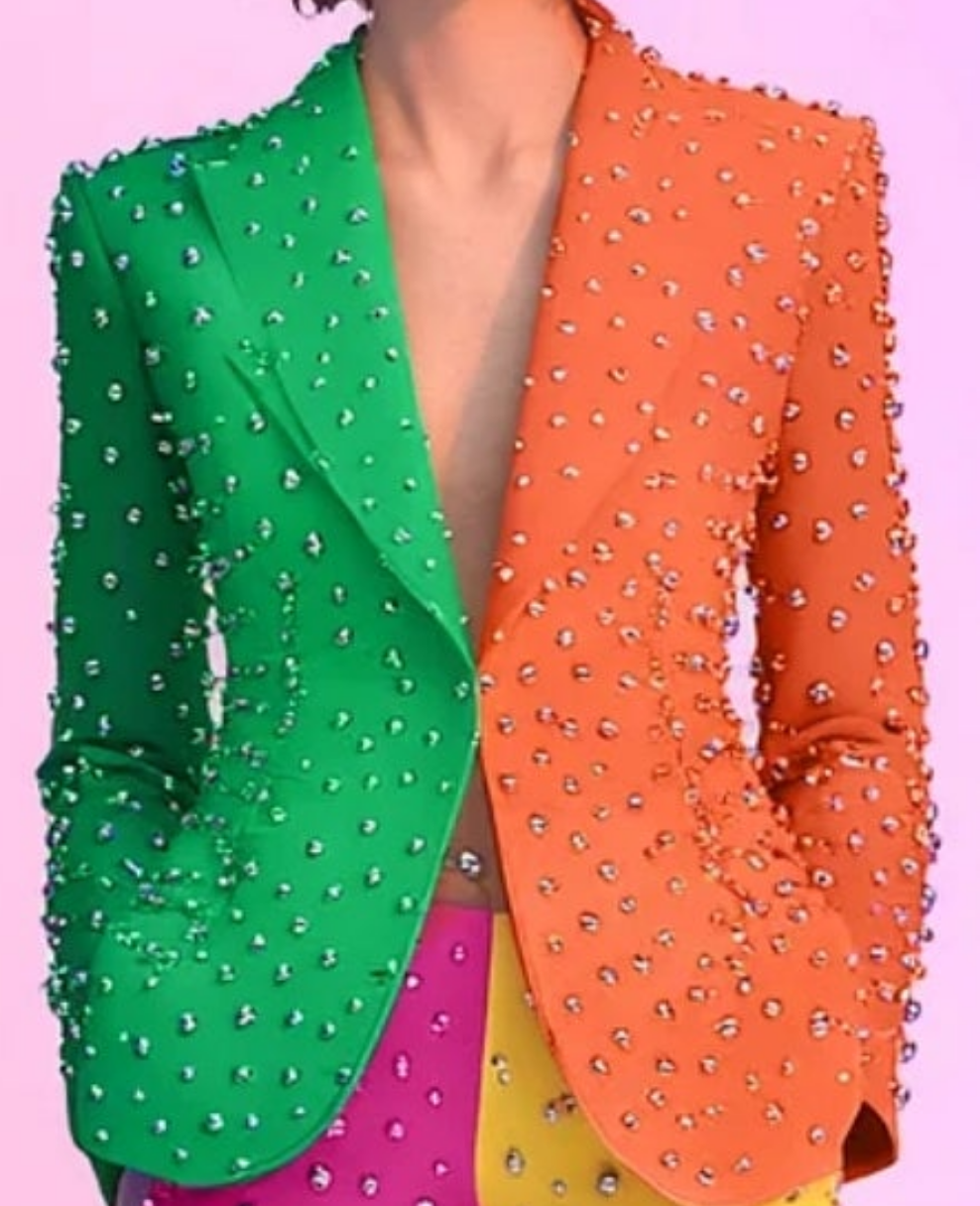 COCOMONEY Studded Multicolor Print Two Piece Pant Suit-Multicolor