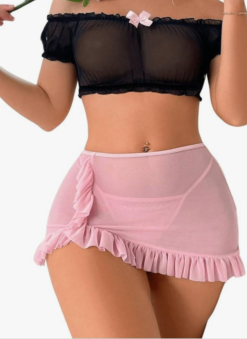 Sexy Lingerie Set for Women Sheer Mesh Off Shoulder Bra Panty Ruffle Skirts 3 Piece Sets Cocomoney