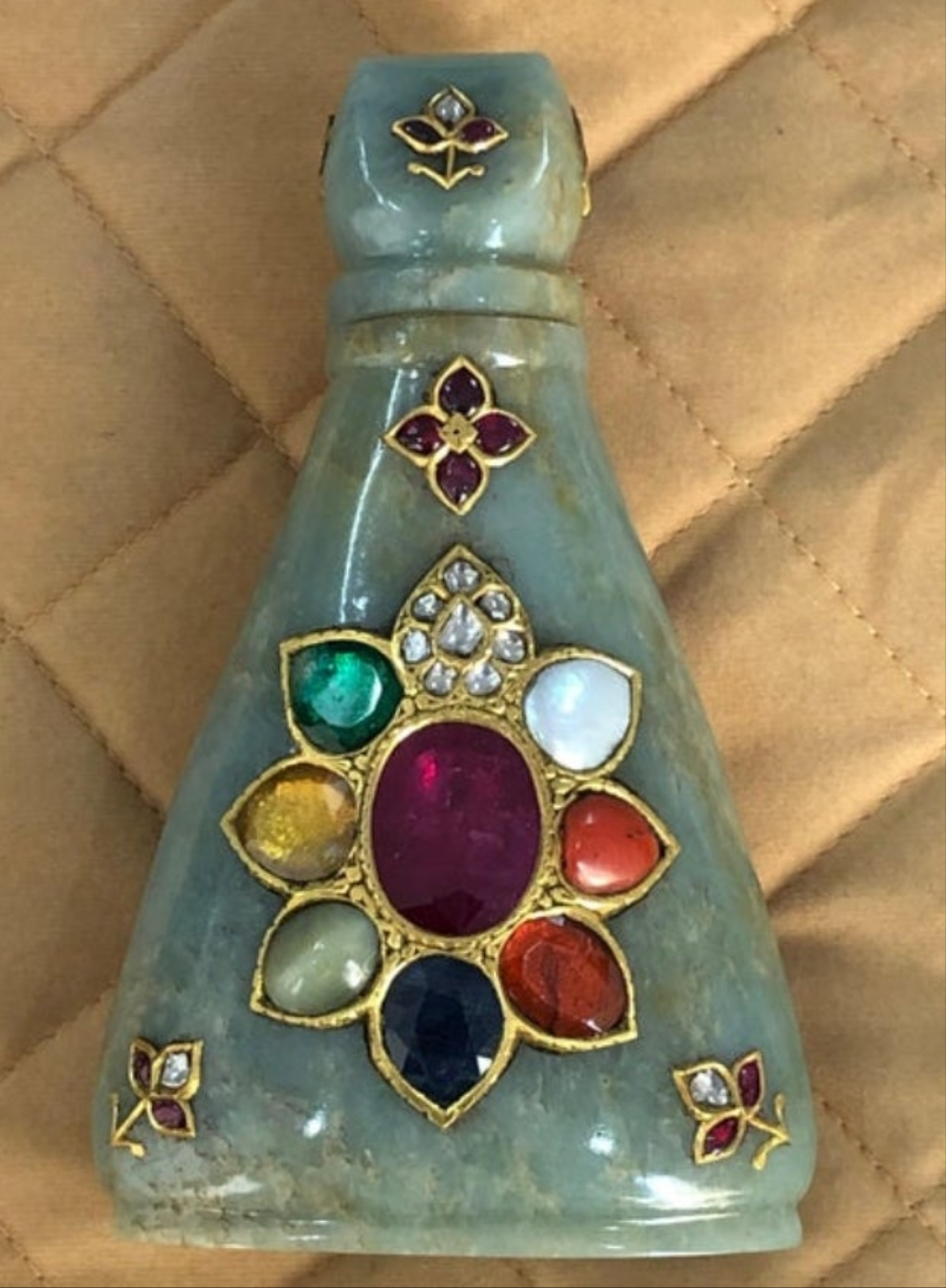 24k Gold Mughal Jadeite Jade Whiskey Flask Encrusted with Nine Gemstones Coral,Diamond,Jade,Blue Sapphire,Yellow Sapphire