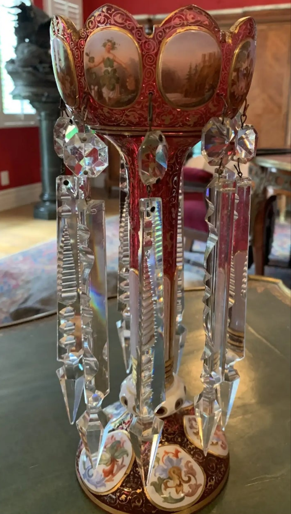 Pair of antique Moser Bohemian cranberry overlay hand painted lusters, circa 1900s cranberry glass