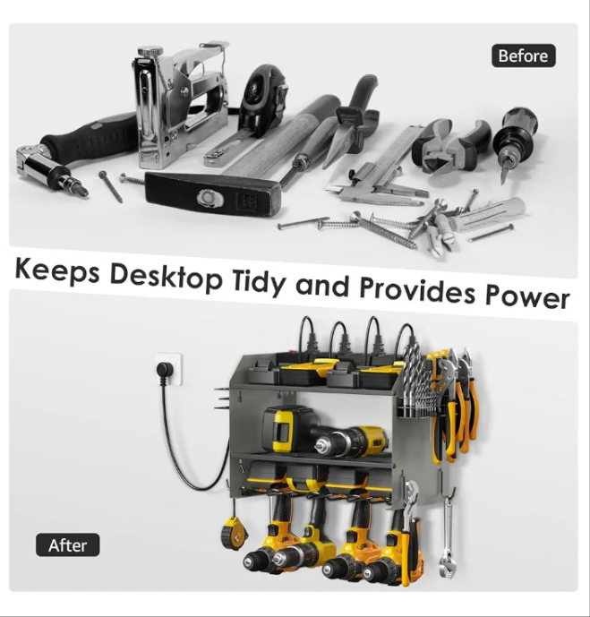 CCCEI Modular Power Tool Organizer Wall Mount with Charging Station. Garage 4 Drill Storage Shelf with Hooks, Drill Bit Heavy Duty Rack, Grey Tool Battery Holder Built in 8 Outlet Power Strip.