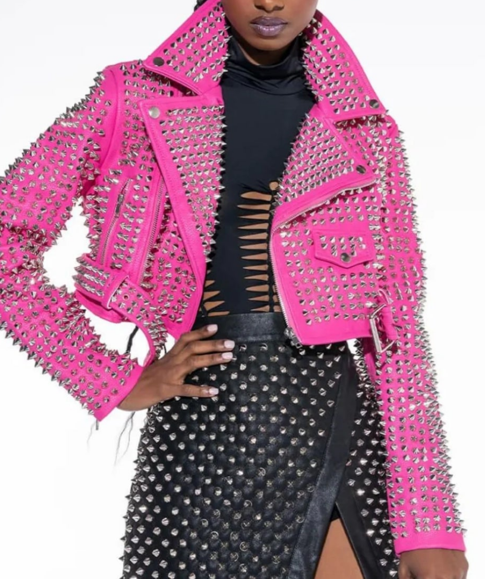 Women's Hot Pink Studded Leather Moto Jacket COCOMONEY