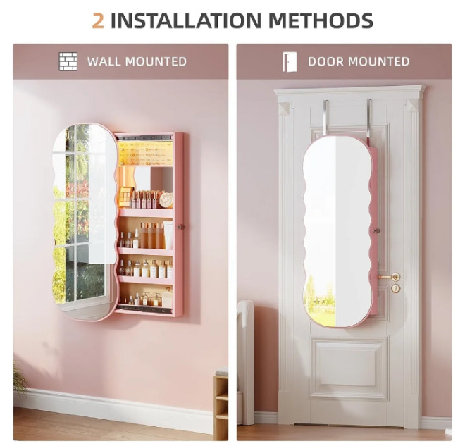 Jewelry Cabinet Door Hanging, LED Wavy Mirror Wall Mounted Jewelry Organizer, Over The Door Mirror With Storage, Lockable Jewelry Armoire with Full Length Mirror,