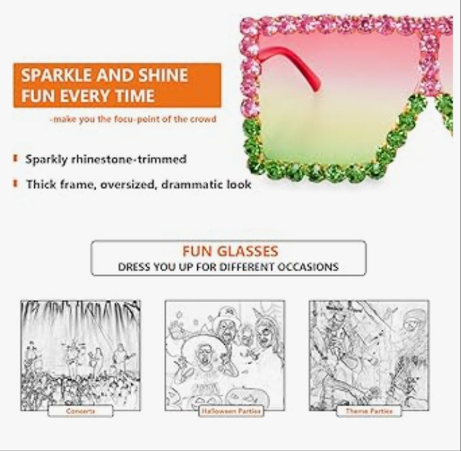 Extra Large Square Sparkly Crystal Sunglasses Bling Rhinestone Concert Glasses