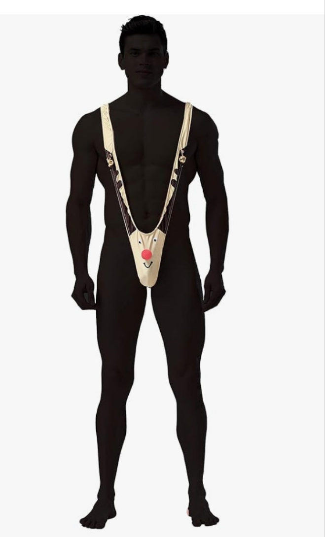 Gag Gift Reindeer Mankini Men Thong Underwear with Bells for White Elephant Exchange Gifts Valentines Day