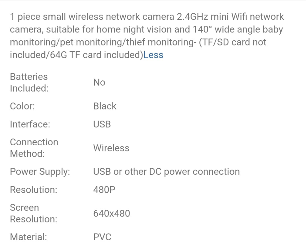 1 Piece Small Wireless Network Camera 2.4GHz Mini Wifi Network Camera, Suitable For Home Night Vision And 140° Wide Angle Baby Monitoring/Pet Monitoring/Thief Monitoring- (TF/SD Card Not Included/64G TF Card Included)
