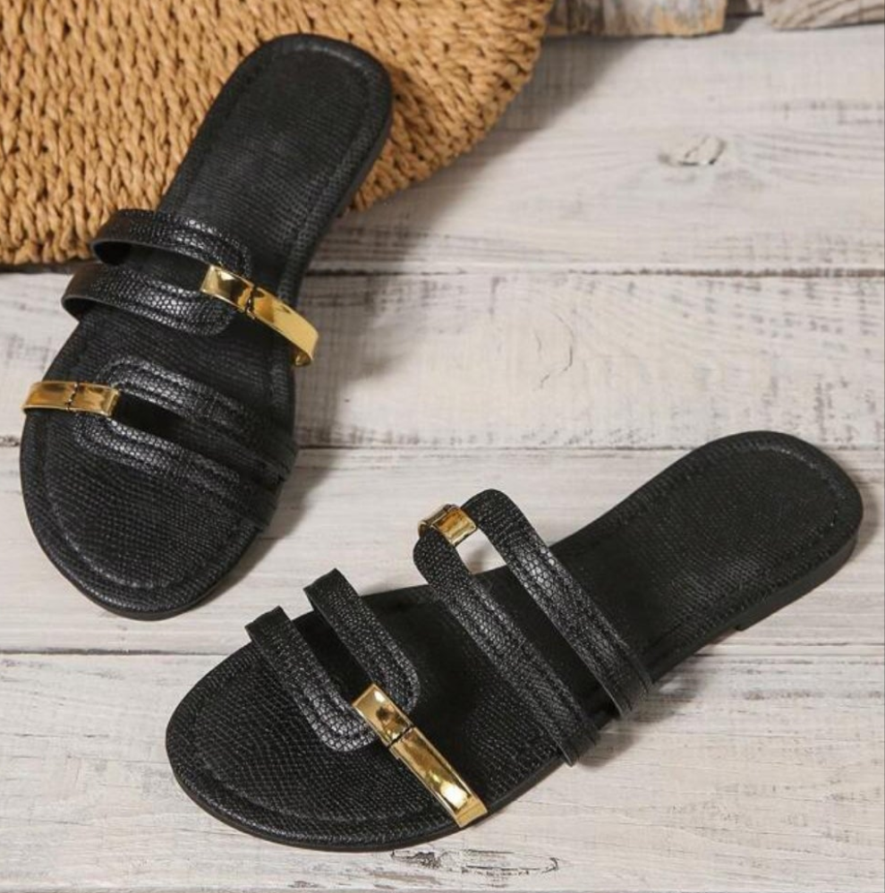 Slip-On Round Toe Flat Non-Slip Wear-Resistant Gold Stripe Hollow Open Toe Yellow Slippers, Matching Dresses, Skinny Pants, Casual Pants, Shorts, Skirts, Slip-On Women's Slippers For Spring, Summer, Autumn