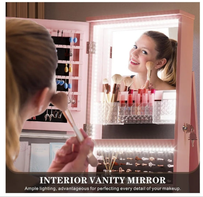 360°Swivel jewelry organizer with Full Length Mirror with Lights,Jewelry Armoire Cabinet Standing with Drawers,Large Mirror Storage for Jewelry and Makeup,Best