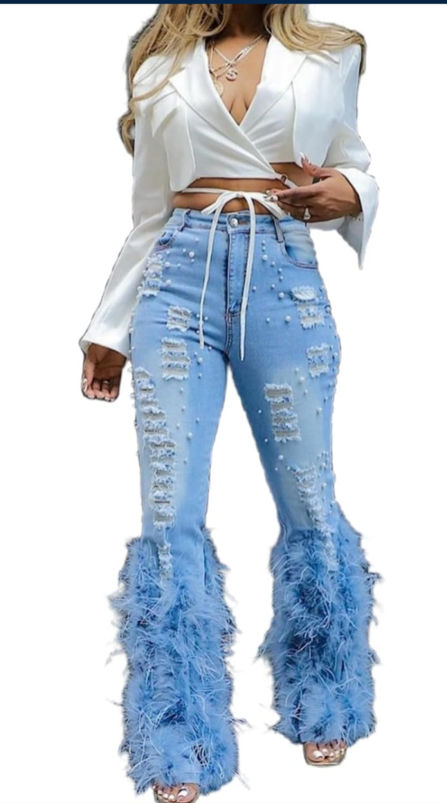 Pearl Feather Jeans Stretch Straight Leg Distressed Denim Pants