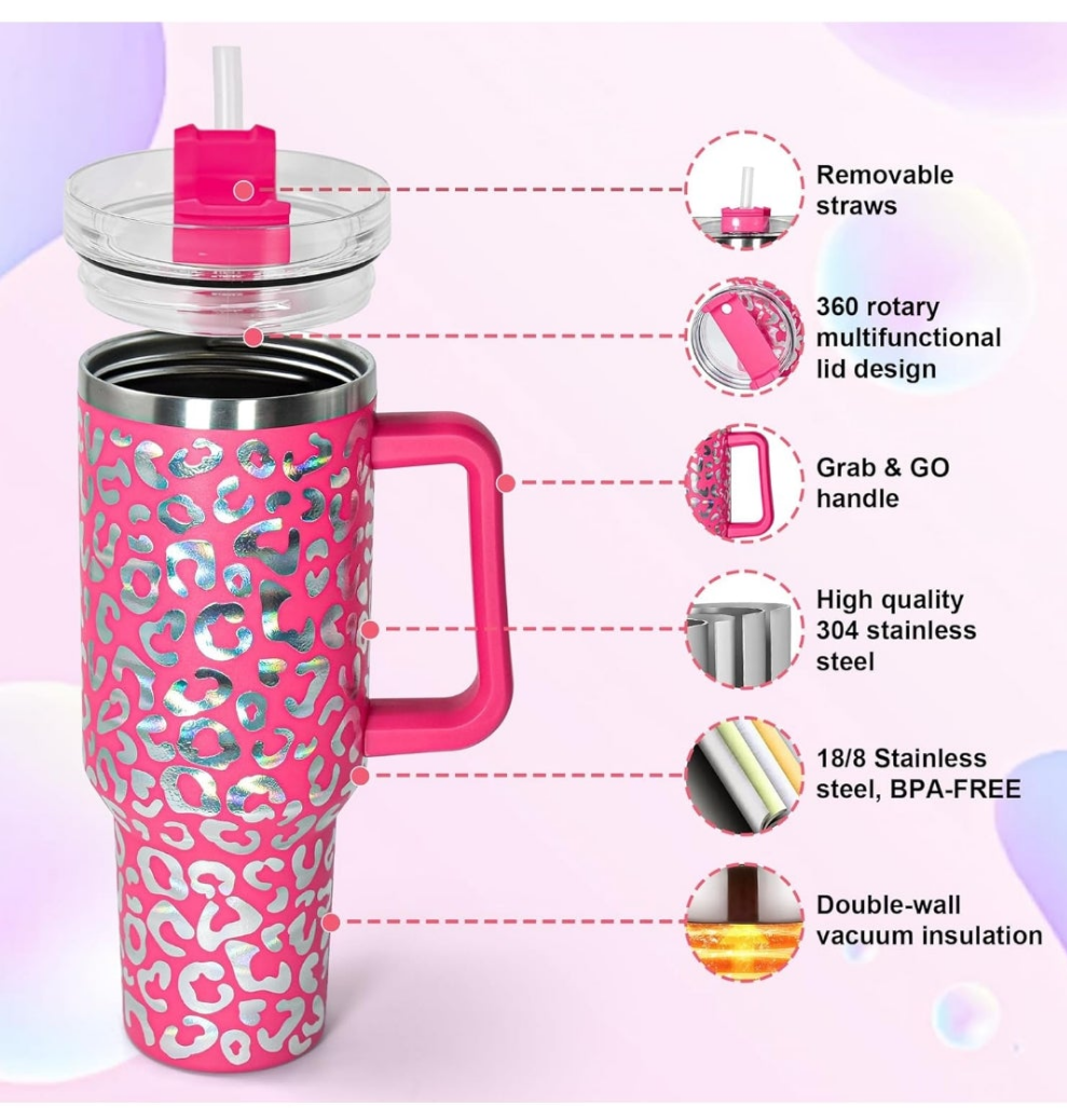 40 oz Tumbler with Handle and Straw, Stainless Steel Leopard Print Tumbler with Handle, Double Vacuum Leopard Cup, Keeps Drinks Cold Up to 24 Hours