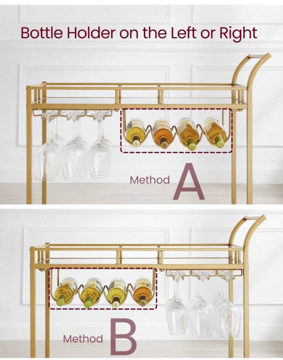 Bar Cart , Home Bar Serving Cart, Wine Cart With 2 Mirrored Shelves, Wine Holders, Glass Holders, For Kitchen, Dining Room stainless steel