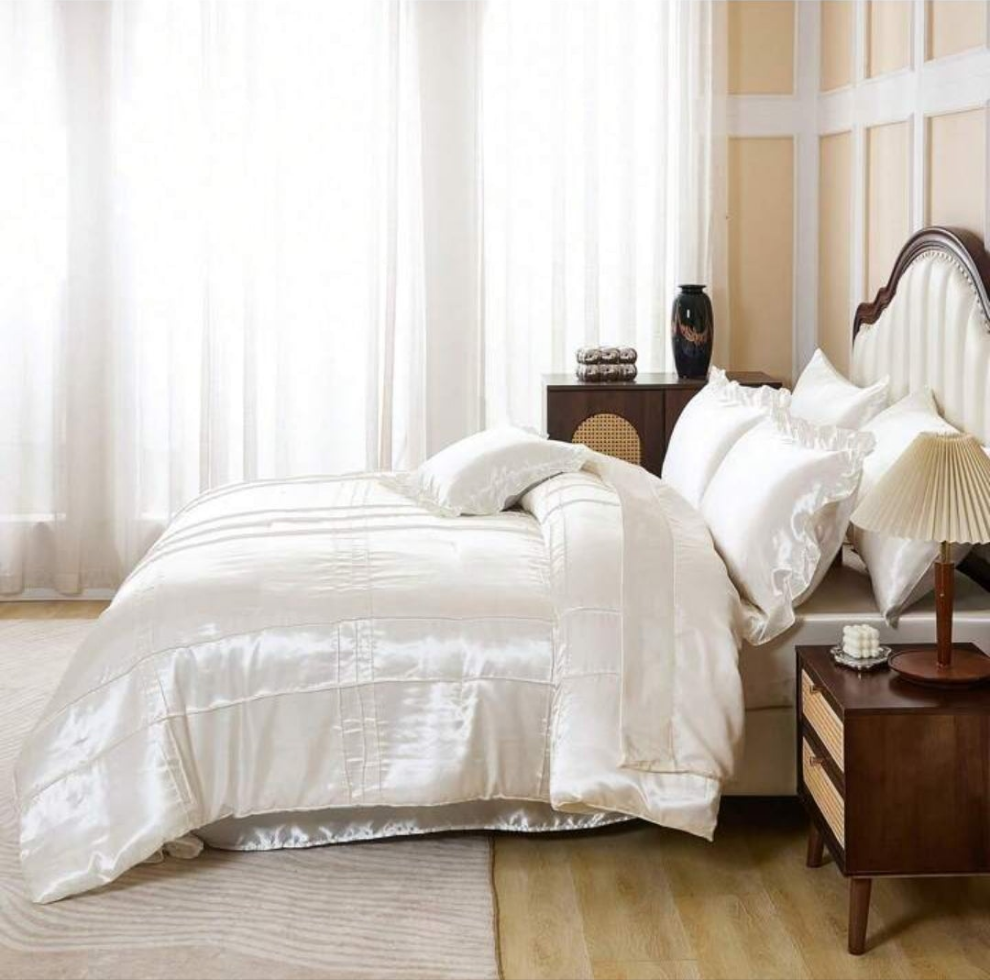 Satin Silky Comforter Set,Queen Size 8 Pcs Grid Pleated Silk Like Bed In A Bag Bedding, Down Alternative Bedding Sets For All Season,Luxury Silky Bedding With Sheets And Cushion Cover