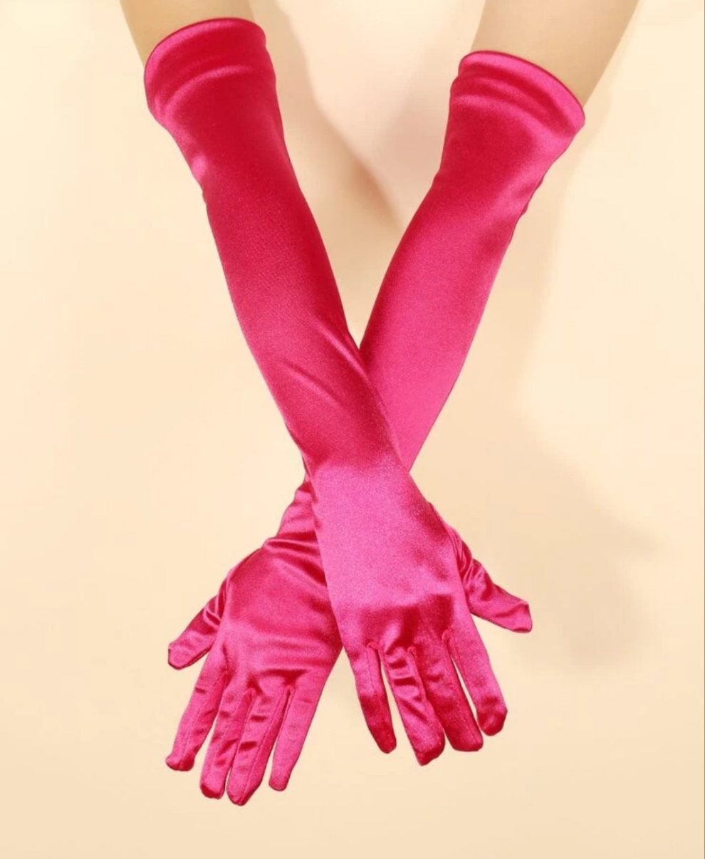 1pair Ladies' Fuchsia Long Satin Gloves, Elegant & Simple, Suitable For Daily Dancing Parties And Stage Performances Halloweenwedding