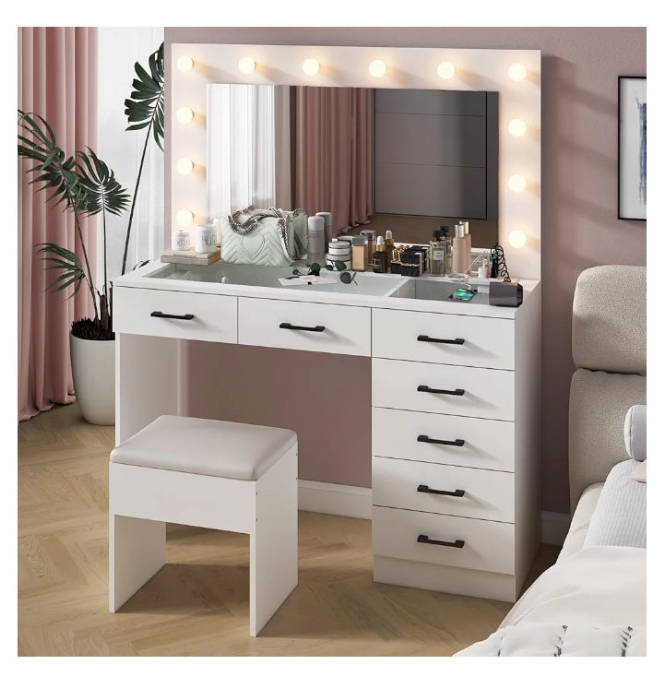Vanity Desk with Large Lighted Mirror & Powre Outlet, Glass Tabletop Makeup Vanity Set with 7 Drawers, 45.3" Vanity Table with 3 Color Lighting Modes,