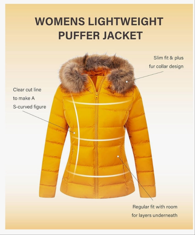 Lightweight Puffer Jacket, Winter Coats for Women Warm Quilted Bubble Padded Hood Coat with Faux Fur Collar