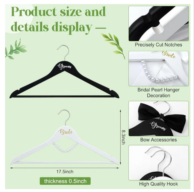 2 Pack Bride Hanger Groom Hanger Wedding Hangers with Ribbon Bow for Wedding Dress Suit Wedding Gift