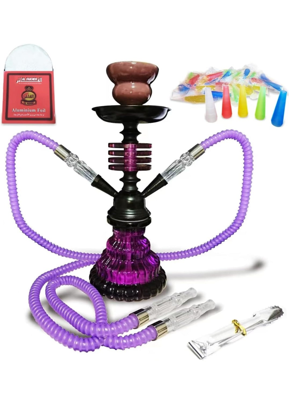 Hookah Set with 2 Hose 11" Premium Portable Mini Hookah Complete Set Hookah Glass Vase with 50 Disposable Tips, 50 Pre-Punched Aluminum Foil Coal Tong (hookah set with accessories)