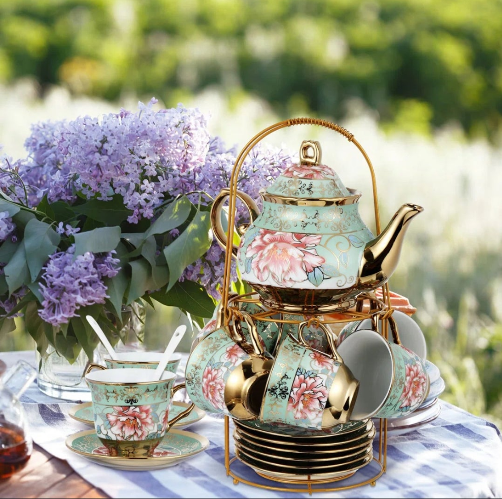 Ceramic 20 Pcs Porcelain Tea Set With Metal Holder Adult Tea Party Set European Flower Tea Cup Saucer Set For Adult Women With Flower Painting, Large Version(Frenchh Style) cute fun pretty