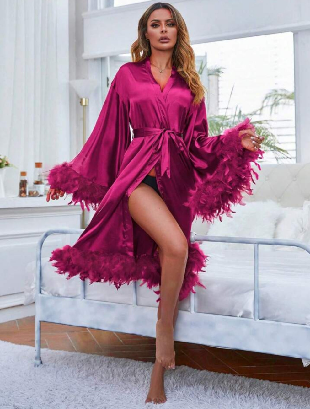 Silky Luxury With Trim Belted Satin Robe