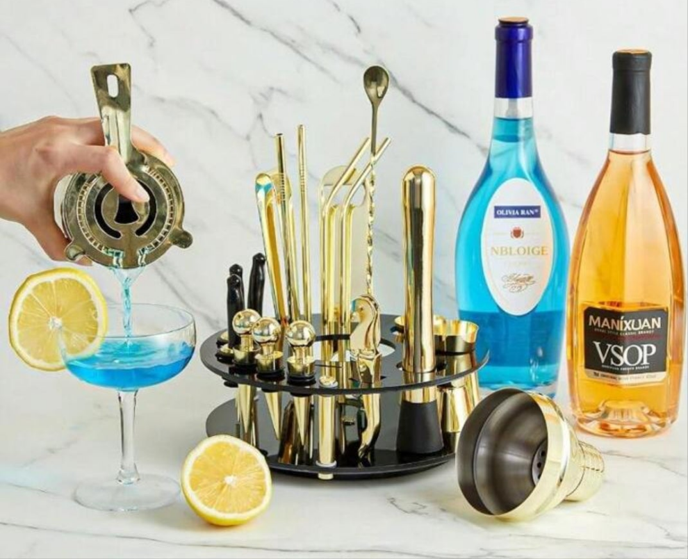 19-Piece Bar Set,Gold Cocktail Shaker Set For Drink Mixing:Stainless Steel Bar Tools With Rotating Stand,Professional Bartender Kit For Home Bars, Parties