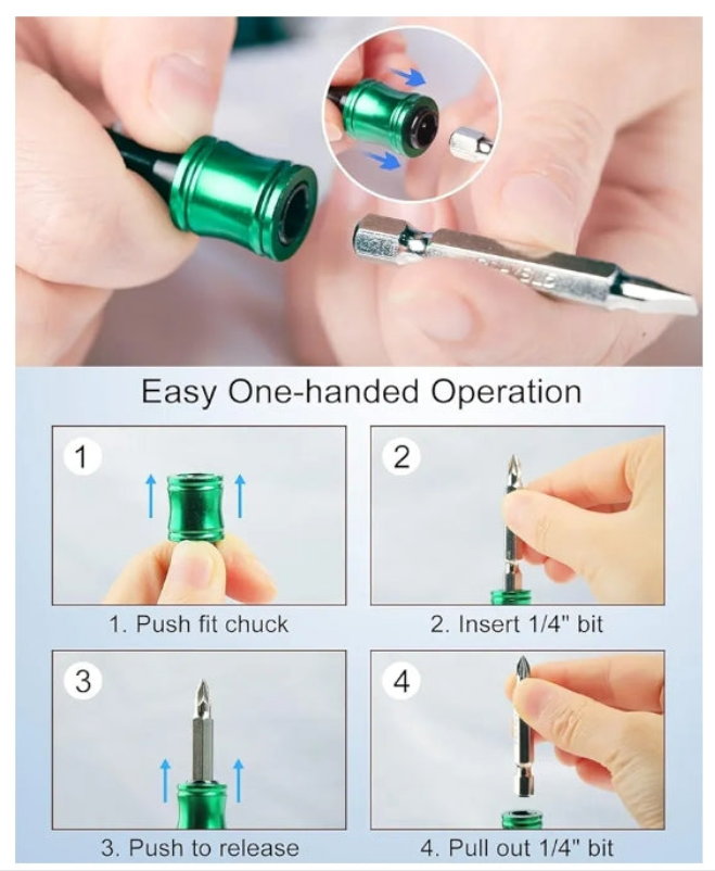 Push to Unlock,Katerk 6pcs 1/4 inch Hex Shank Aluminum Alloy Screwdriver Bit Holder Light-Weight Quick-Change Extension Bar Keychain Drill Screw Adapter Portable,Black Carabiner,Tool Gifts for Men