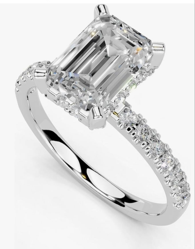 Hidden Halo with Emerald Shape Lab Grown Diamond Engagement Ring For Women in 14K Gold, Platinum (0.25-5 Ct, F-G Color, VS1-VS2 Clarity) - IGI Certified