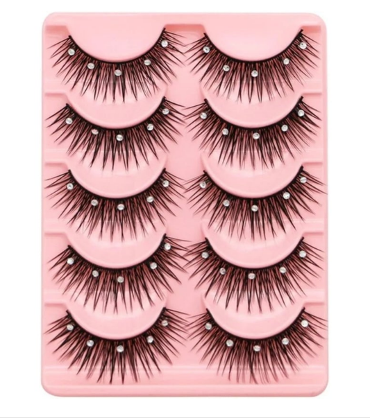 5 Pairs Bling Glitter Lashes 3D Natural Cosplay Eyelash with Rhinestones, 13mm Dramatic Manga Lashes with Diamonds, Cocomoney