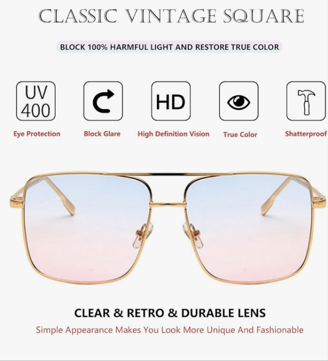 Trendy Oversized Square Sunglasses for Women Men Double Bridge Metal Frame Flat Mirrored Lens