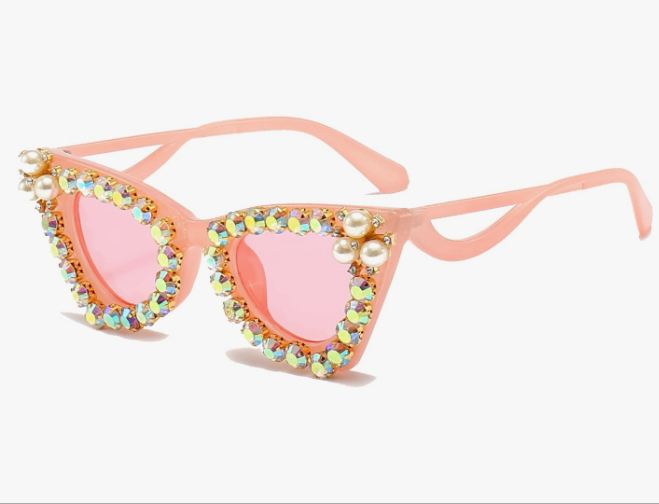 Sparkling Crystal Cat Eye Sunglasses Women Square Rhinestone Pearl Sun Glasses Party Diamond Bling Punk Eyewear