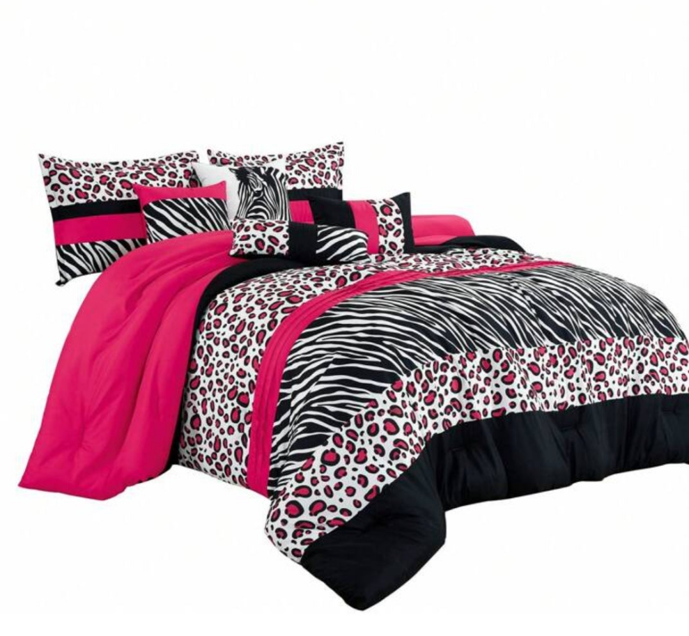 7 Pieces Pink And Black Color Printed Set- Contemporary Brushed Microfiber Bedding Set For All Season - Breathable & Comfortable Bed In A Bag With Down Alternative Filling