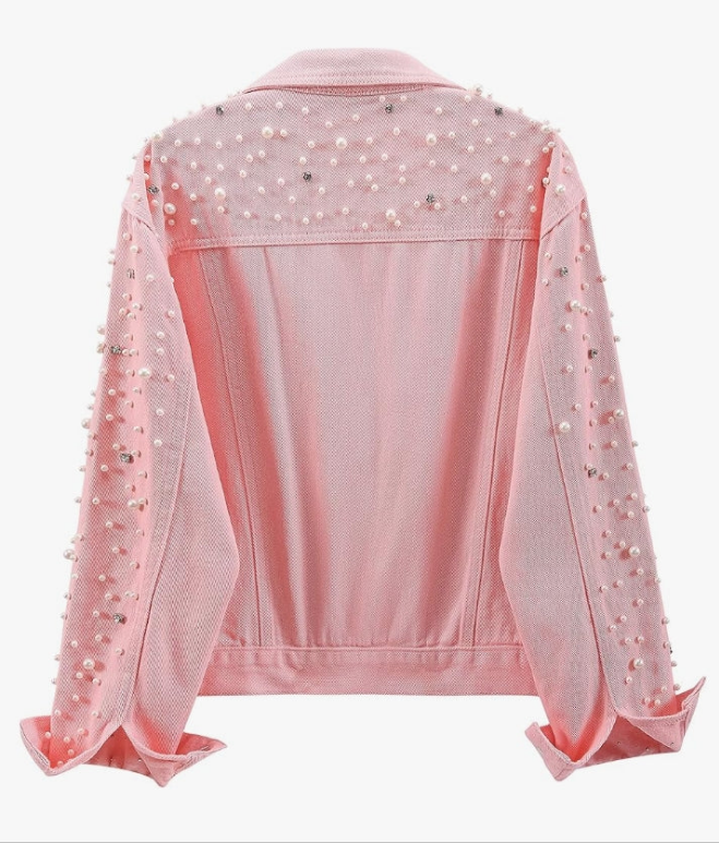 Pearls Denim Jacket Cropped Rhinestones Jean Jacket Coat