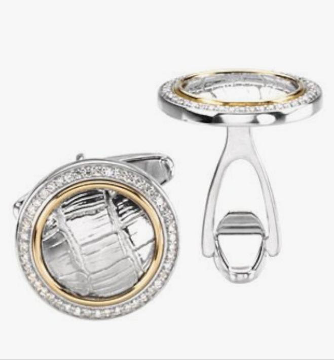 2-Tone Diamond Halo Cuff Links with Croc Pattern, Sterling Silver, 14k Yellow Gold (.50 Ctw, GH Color, Clarity I1)