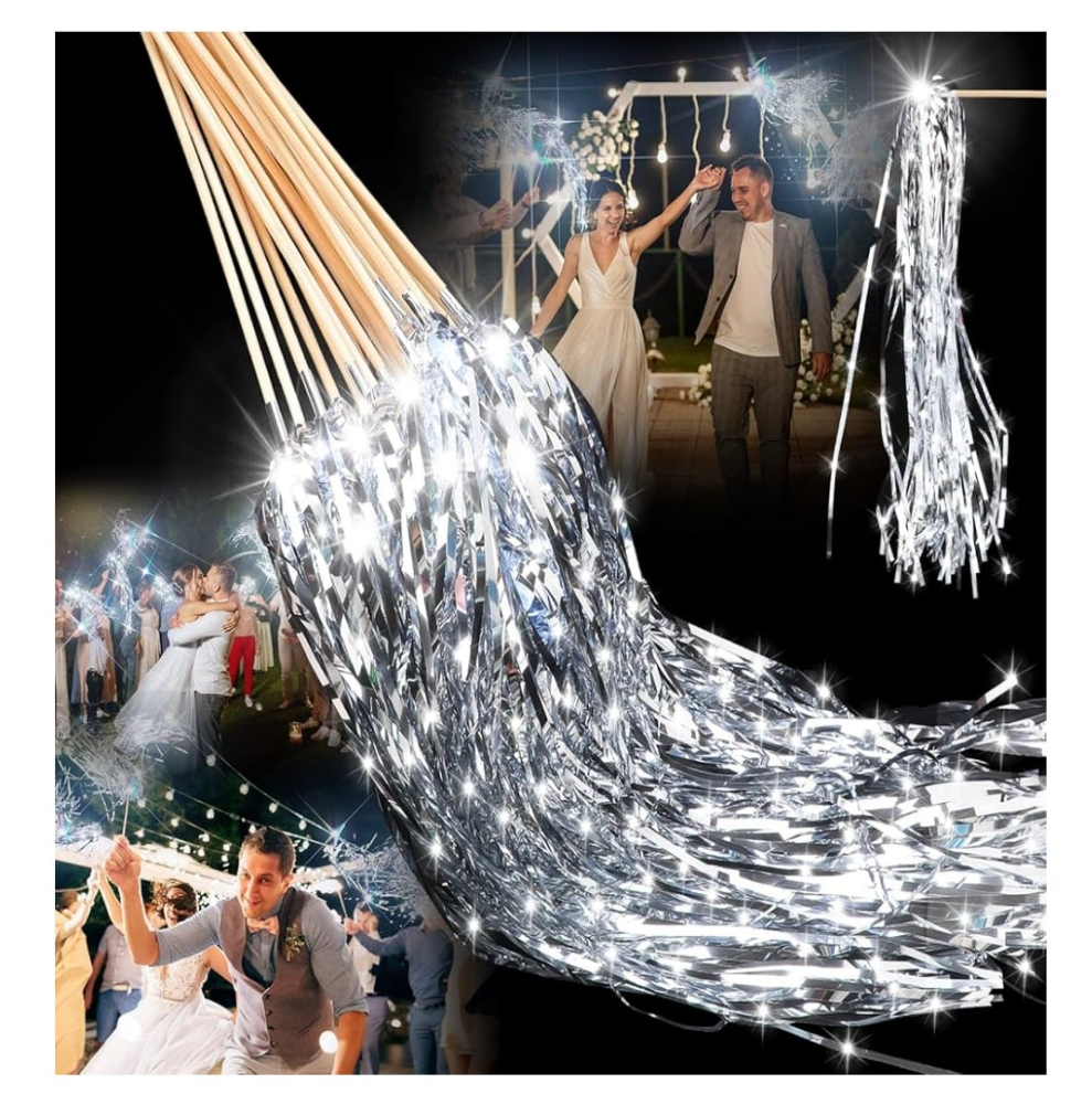 Lighted Wedding Wands LED Tinsel Wands Light up Streamers Sparklers for Wedding Send off and Exits Birthday Party Props Favors(