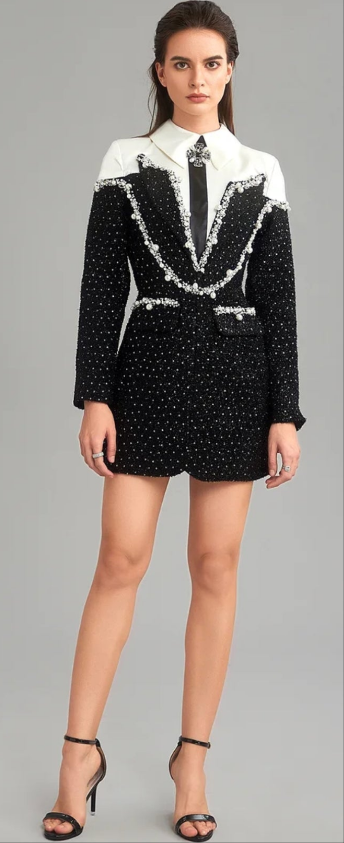 COCOMONEY Shirt Collar Sequin Pearl Decor Mini Dress-Black