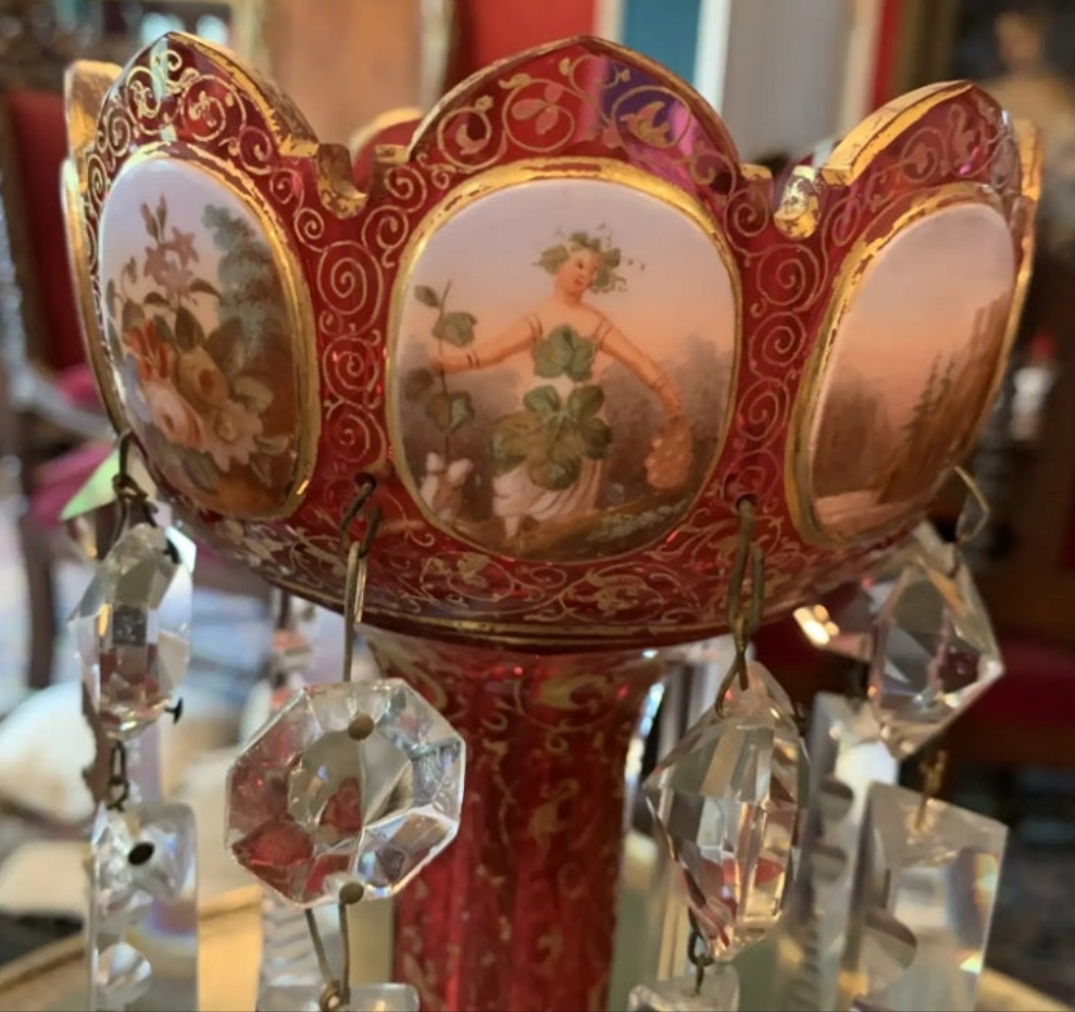 Pair of antique Moser Bohemian cranberry overlay hand painted lusters, circa 1900s cranberry glass