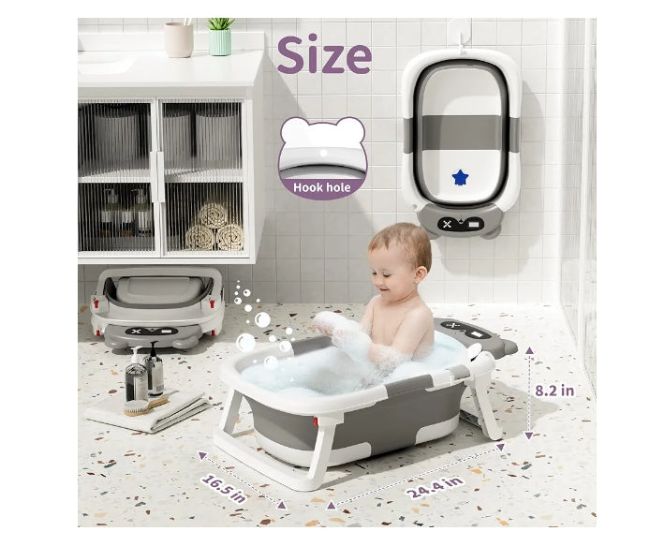 Baby Bathtub for Newborn to Toddler,Collapsible Baby Bath Tub with Thermometer & Soft Cushion,Foldable Baby Tub for Infants 0-24 Months,Grey