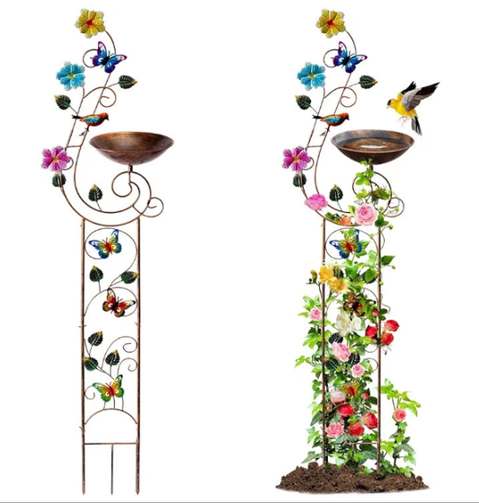57" Height Metal Bird Bath with Trellis for Outdoor, Vintage Decorative Bird Baths, Small Garden Plant Support, Antique BirdBath for Climbing Plants with Detachable Iron Bowl (Butterfly)