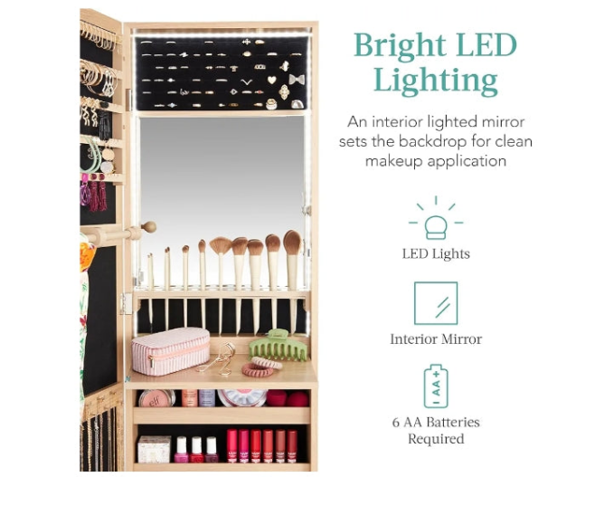 LED Mirror Jewelry Cabinet, Tall Lockable Wall or Door Mounted Jewelry Armoire Organizer with Mirror, 2 Drawers, Lock, Cosmetic Tray, Shelves -
