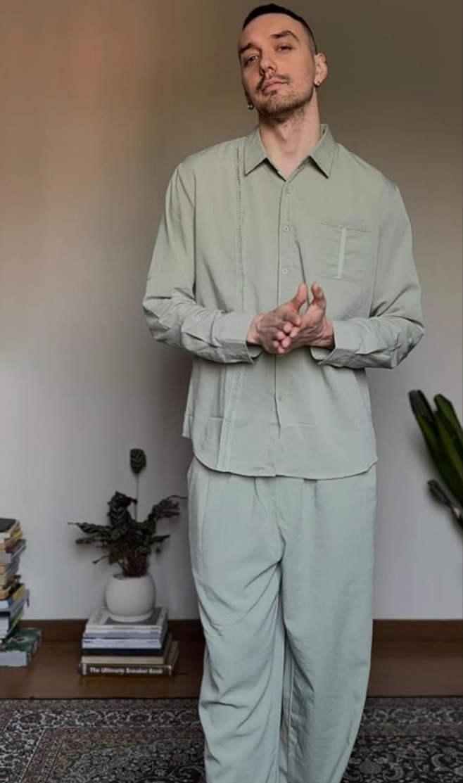 Mens Linen Sets 2 Piece Long Sleeve Button Down Cuban Shirt and Pants Set Summer Beach Set Outfits