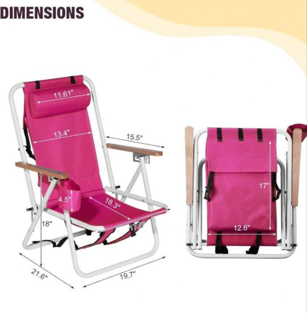 Folding Beach Chair Adjustable Headrest W/4 Flexible Tilt Angle, Cup Holder Portable High Strength Cleanable Fabric, For Sand Camping Lawn Concert Travel Festival