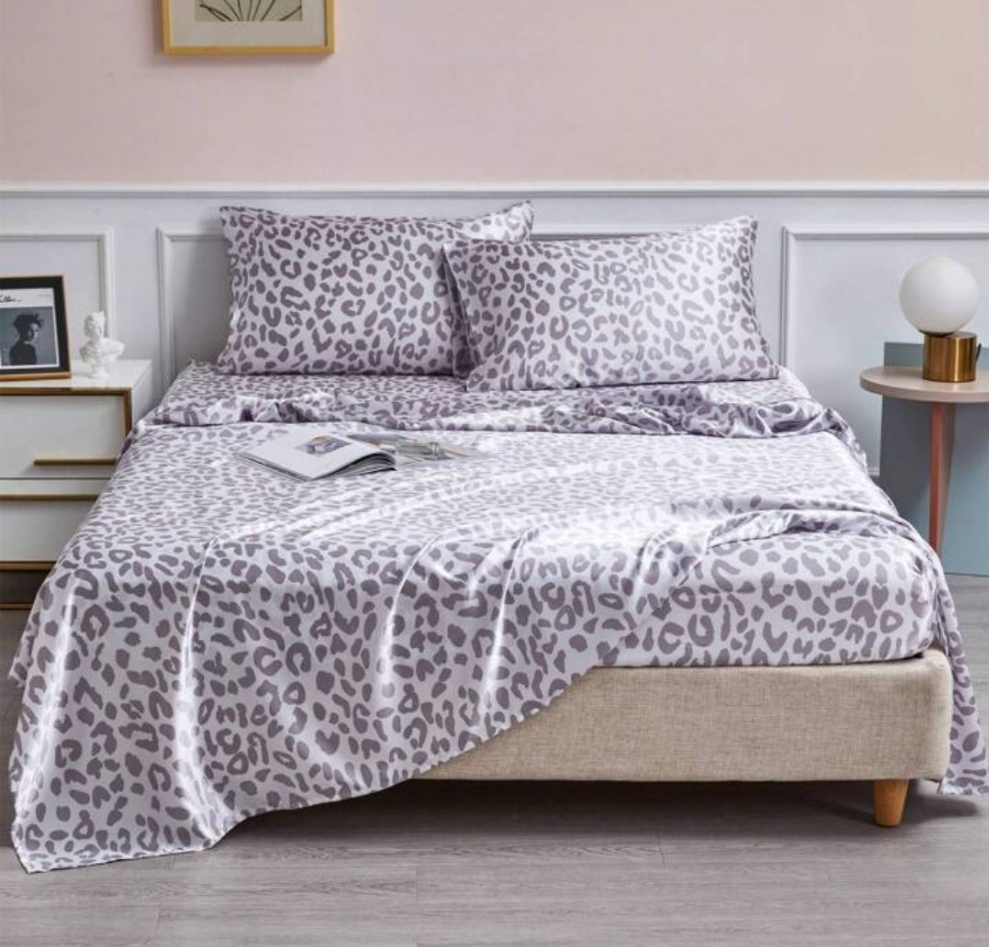 Luxury Satin Sheet Set Leopard Pattern Silky Bed Sheet With Fitted Sheet Pillowcase Ultra Soft Wrinkle Free