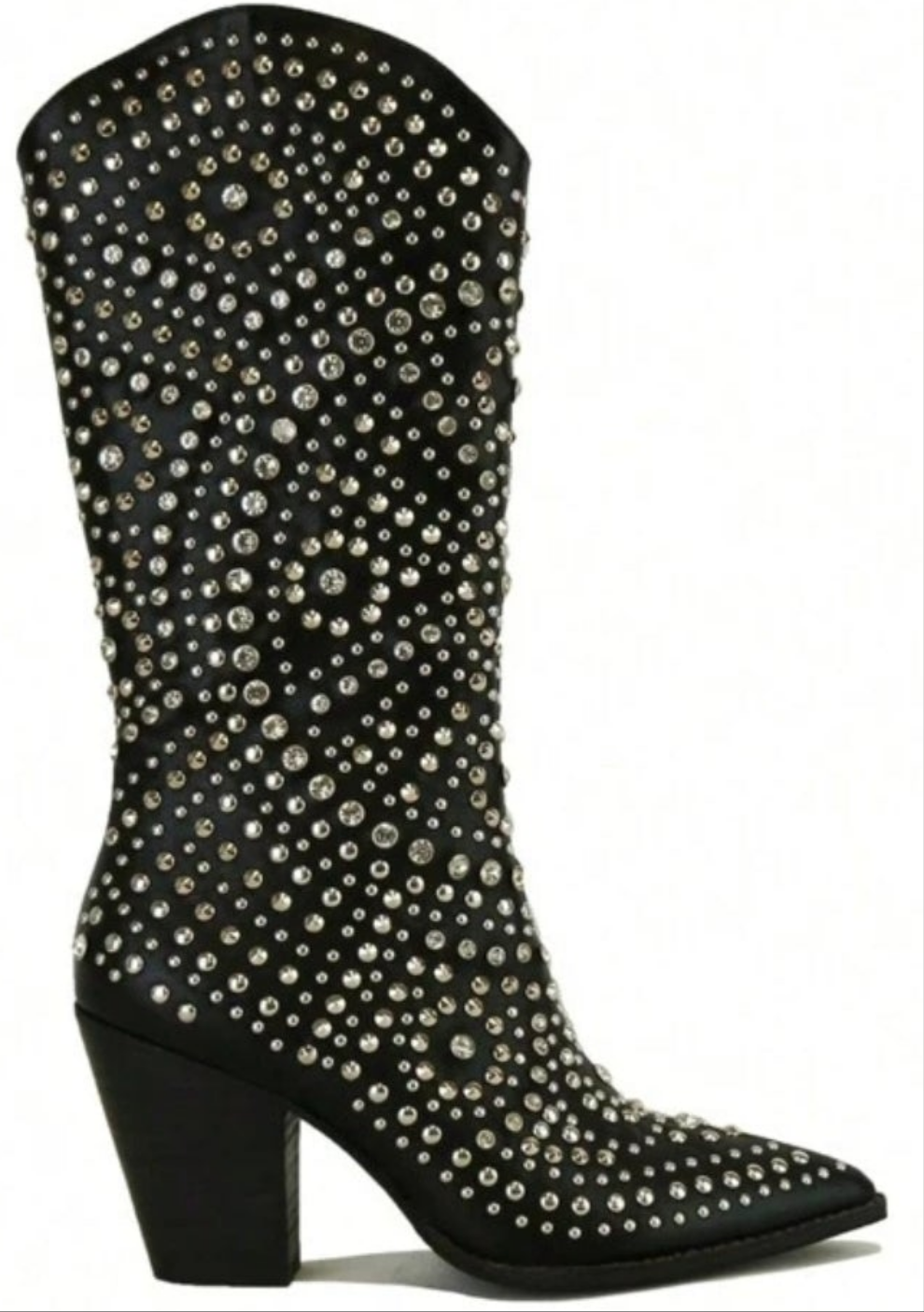 Rhinestone Western Knee-High Boots Point Toe Chunky Stacked Heel Party Boots