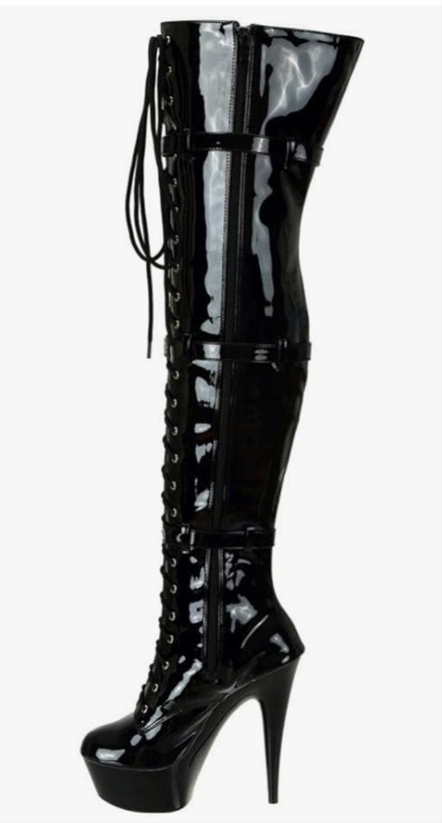 Patent Leather Thigh High 15CM Stiletto Heel Dancer Boots with Zipper Lace Up Club Party Cosplay Shoes