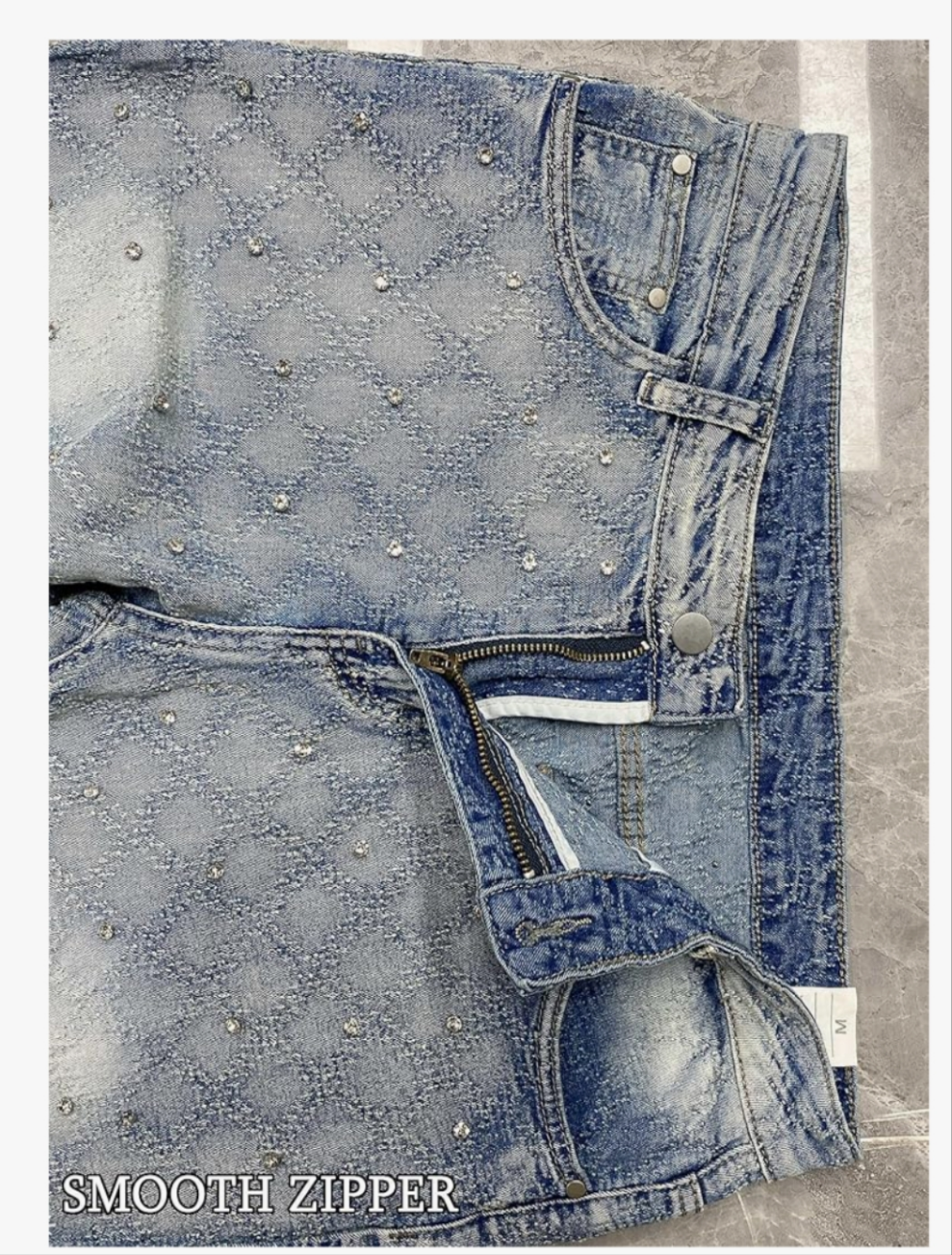 Rhinestone Skinny Stacked Jeans Mens Straight Leg Jeans Casual Pants Slim Fit Jeans Vintage Grunge Hip Hop Pants